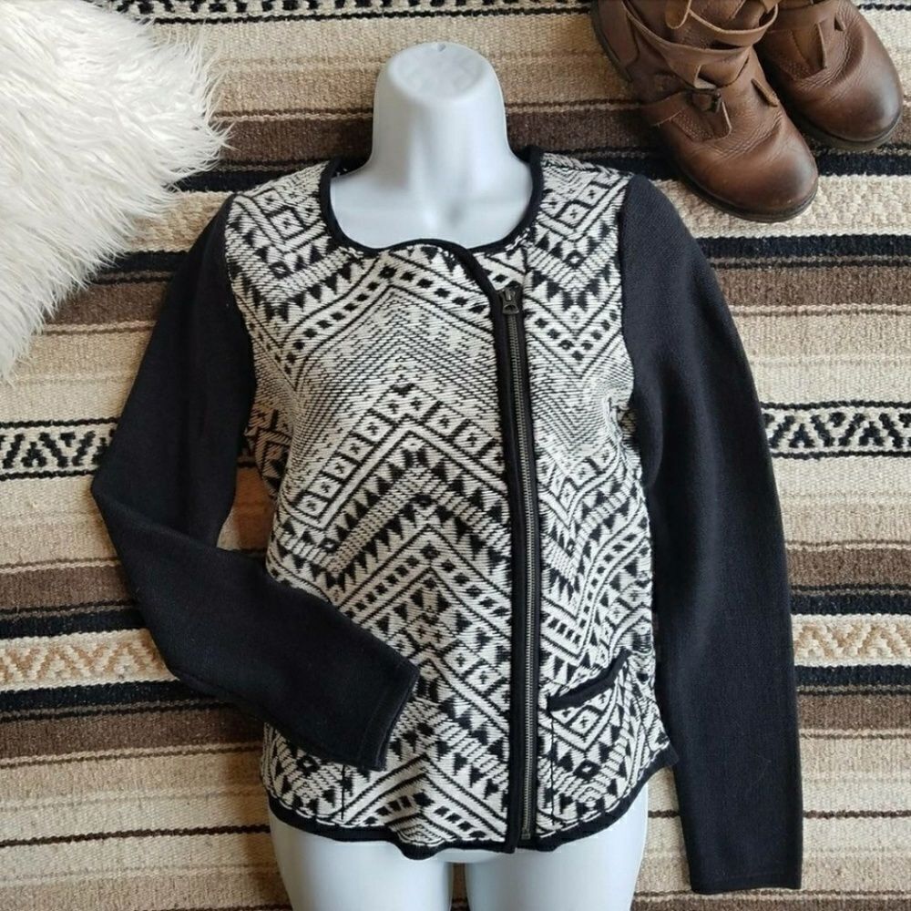 Lucky Brand Black White Tribal Moto Zip Sweater LG‎